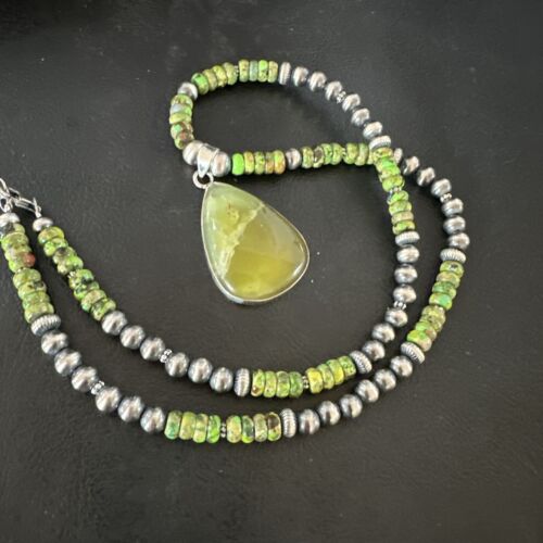 Navajo Green Turquoise Pendant Necklace | Sterling Silver | Authentic Native American Handmade | 16916