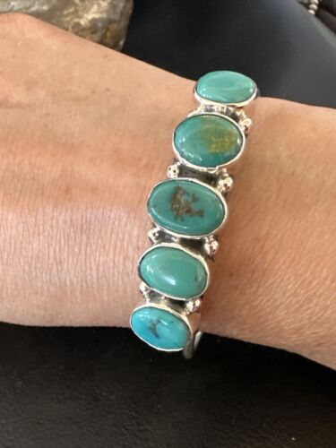 Women's Blue Turquoise 5-Stone Cuff Bracelet | Navajo Sterling Silver | Authentic Native American Jewelry | 16278