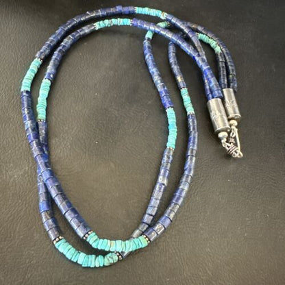 Navajo Blue Turquoise Lapis Necklace | Sterling Silver | 22" | Authentic Native American Handmade | 17554