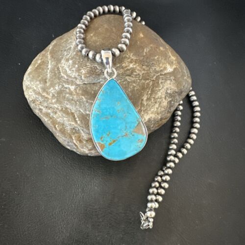 Blue Kingman Turquoise Pendant | Navajo Pearls | Sterling Silver Necklace 20" | 16999