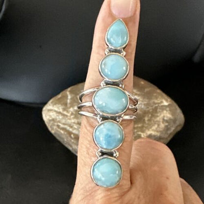 Navajo Women's Cluster Blue Larimar Ring | Authentic Native American Sterling Silver | Multi-Stone | Sz 7.5 | 16151