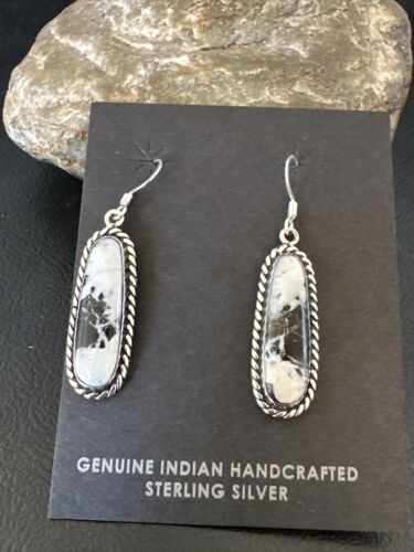 Navajo White Buffalo Turquoise Dangle Earrings | Sterling Silver | Authentic Native American Handmade | 16515