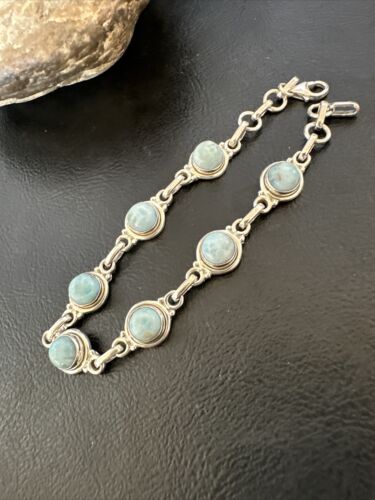 Navajo Blue Larimar Link Bracelet | Sterling Silver | 8" | Authentic Native American Handmade | 16078