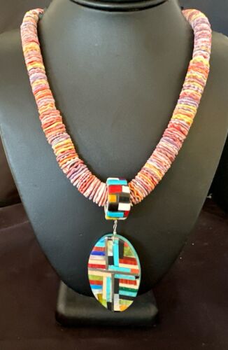 Santo Domingo Multi-Color Spiny Inlay Pendant Necklace | Sterling Silver | 32" | 16854