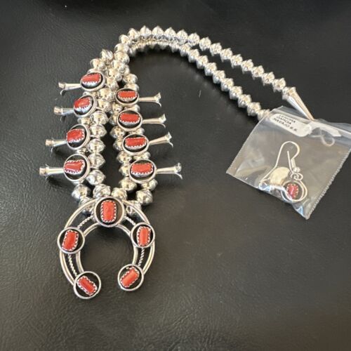 Navajo Red Coral Shadowbox Squash Blossom Necklace | Sterling Silver | 17" | Authentic Native American Handmade | 16118