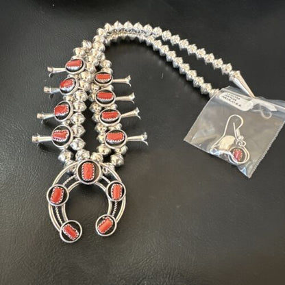 Navajo Red Coral Shadowbox Squash Blossom Necklace | Sterling Silver | 17" | Authentic Native American Handmade | 16118