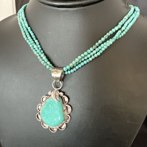 Navajo Blue Turquoise Pendant | Sterling Silver 3-Strand Bead Necklace | 17" | Authentic Native American Handmade | 15996