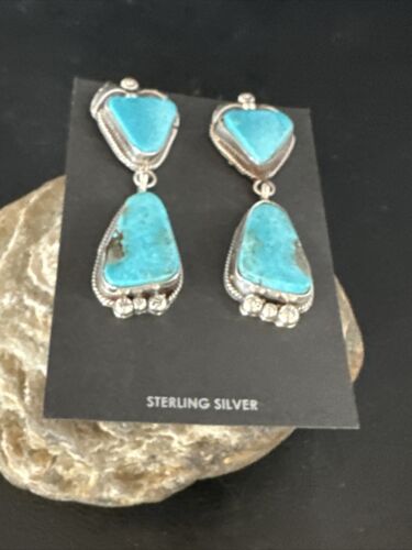 Kingman Turquoise Dangle Earrings | Navajo Handmade | Sterling Silver | Authentic Native American | 14877