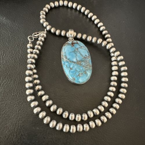 Navajo Blue Spiderweb Turquoise Pendant Necklace | Sterling Silver | Authentic Native American Handmade | 17020