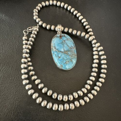 Navajo Blue Spiderweb Turquoise Pendant Necklace | Sterling Silver | Authentic Native American Handmade | 17020