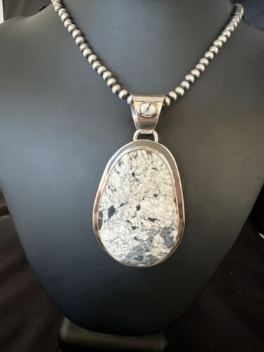 Navajo White Buffalo Turquoise Pendant Necklace | Sterling Silver | Authentic Native American Handmade | 14991