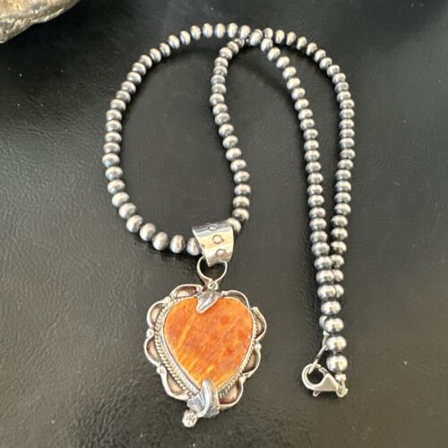 Navajo Orange Spiny Oyster Heart Pendant Necklace | Sterling Silver | Authentic Native American Handmade | 16298