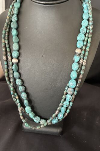 Navajo Spiderweb Turquoise Necklace | 3 Strands | Sterling Silver | 24" | Authentic Native American Handmade | 17403