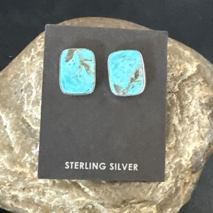 Navajo Blue Kingman Turquoise Post Stud Earrings | Sterling Silver | Authentic Native American Handmade | 17410