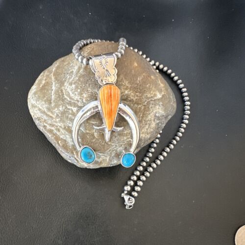 Navajo Blue Turquoise Orange Spiny Oyster Naja Pendant | Sterling Silver | Authentic Native American Handmade | 16411