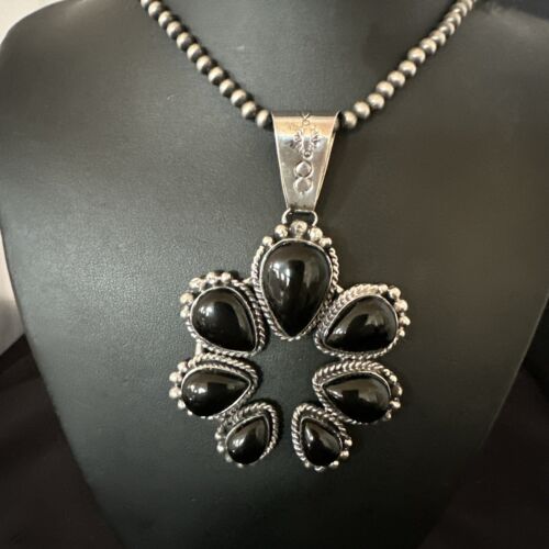 Navajo Men's Black Onyx Naja Pendant Necklace | Sterling Silver Pearls | Authentic Native American Handmade | 16808