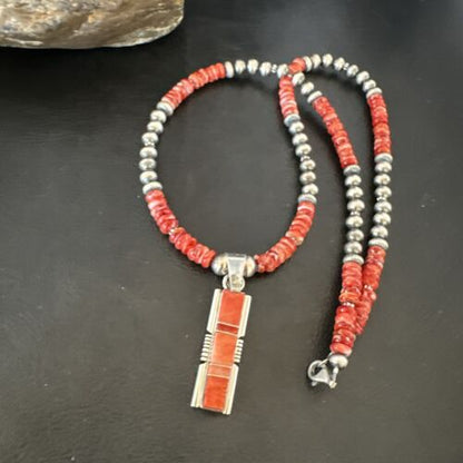 Navajo Red Spiny Oyster Pendant Necklace | Sterling Silver Inlay | Authentic Native American Handmade | 16884