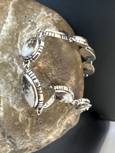 White Buffalo Turquoise 8-Stone Navajo Sterling Silver Link Bracelet 8" | Handmade | 16379