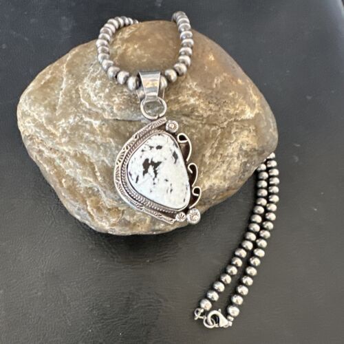 Navajo White Buffalo Turquoise Pendant Necklace | Sterling Silver Pearls | Authentic Native American | 17111