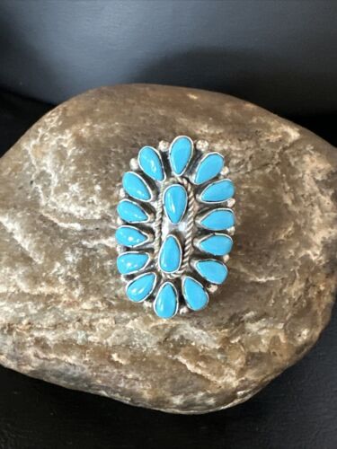 Navajo Blue Turquoise Cluster Ring | Authentic Native American Sterling Silver | Multi-Stone | Sz 8 | 14909