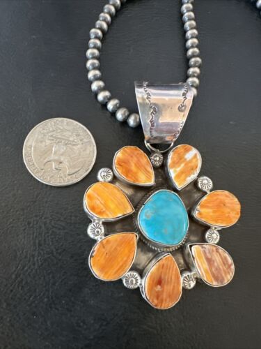 Navajo Blue Turquoise | Spiny Oyster Pendant Necklace | Sterling Silver | Multi-Stone | 16834