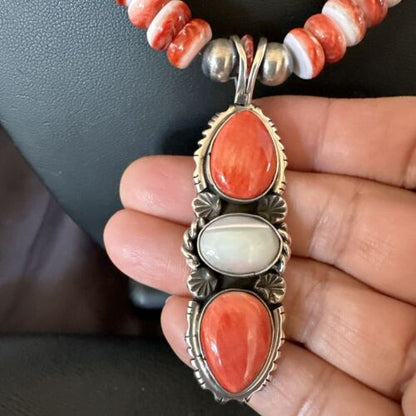 Navajo Red Spiny Oyster Mother of Pearl Pendant Necklace | Sterling Silver | Native American Handmade | 17658