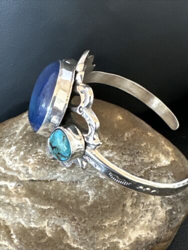 Kingman Turquoise Lapis Cuff Bracelet | Navajo Tufa Cast | Sterling Silver | Authentic Native American Handmade | 16783