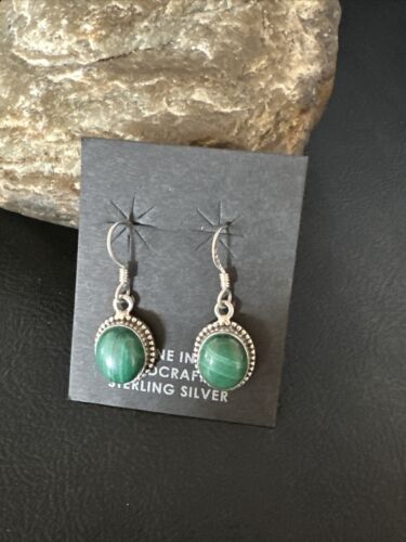 Navajo Green Malachite Dangle Earrings | Sterling Silver | Authentic Native American Handmade | 14923