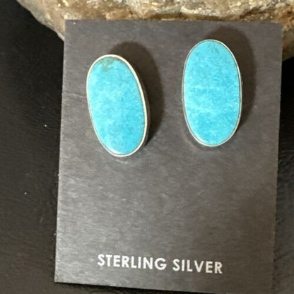 Navajo Blue Kingman Turquoise Post Stud Earrings | Sterling Silver | Authentic Native American Handmade | 17411
