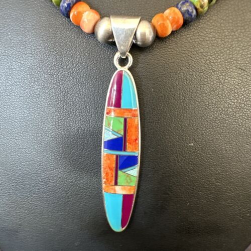 Navajo Lapis Spiny Oyster Turquoise Inlay Pendant Necklace | Sterling Silver | 21" | Authentic Native American Handmade | 16626