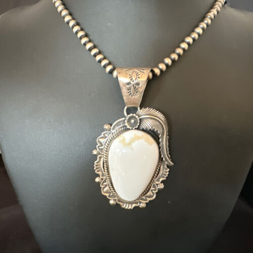 Navajo White Buffalo Turquoise Pendant Necklace | Sterling Silver | Authentic Native American Handmade | 15618
