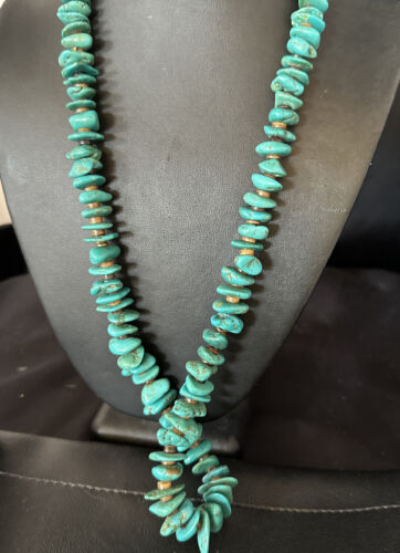 Navajo Blue Kingman Nugget Turquoise Necklace | Sterling Silver | 26" | Authentic Native American Handmade | 15289