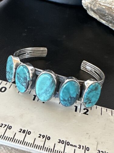 Women's Blue Turquoise 5-Stone Cuff Bracelet | Navajo Sterling Silver | Authentic Native American Jewelry | 16165