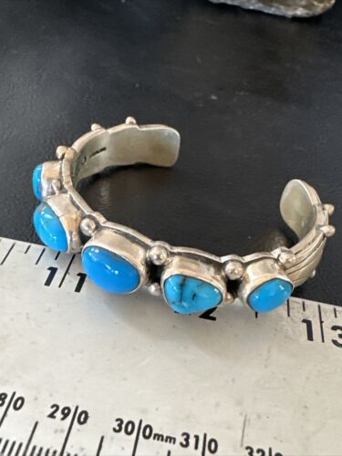 Navajo Blue Kingman Turquoise Cuff Bracelet | Sterling Silver | 5 Stone | Authentic Native American Handmade | 15988 - Masha USA