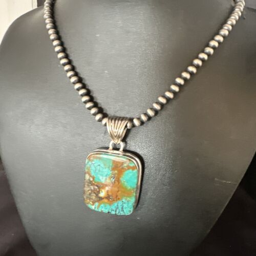 Navajo Blue Spiderweb Turquoise Pendant | Sterling Silver Necklace with Pearls | Authentic Native American Handmade | 15569