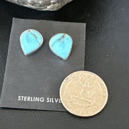 Navajo Blue Kingman Turquoise Post Stud Earrings | Sterling Silver | Authentic Native American Handmade | 17467