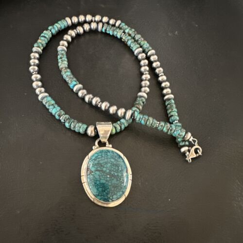 Men's Blue Spiderweb Turquoise Pendant Necklace | Navajo Sterling Silver | Authentic Native American Handmade | 17082