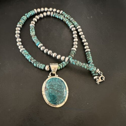 Men's Blue Spiderweb Turquoise Pendant Necklace | Navajo Sterling Silver | Authentic Native American Handmade | 17082