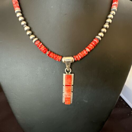 Navajo Red Spiny Oyster Pendant Necklace | Sterling Silver Inlay | Authentic Native American Handmade | 16884