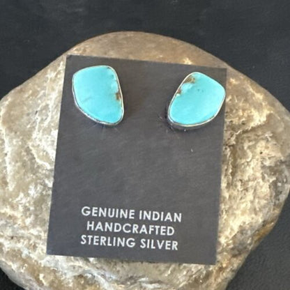 Navajo Blue Kingman Turquoise Post Stud Earrings | Sterling Silver | Authentic Native American Handmade | 17468
