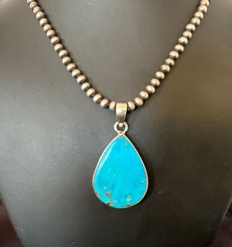 Navajo Blue Kingman Turquoise Pendant Necklace | Sterling Silver | 20" | Authentic Native American Handmade | 16725