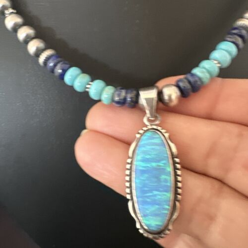Navajo Opal Inlay Pendant with Turquoise Lapis Pearls | Sterling Silver Necklace | Authentic Native American Handmade | 16846
