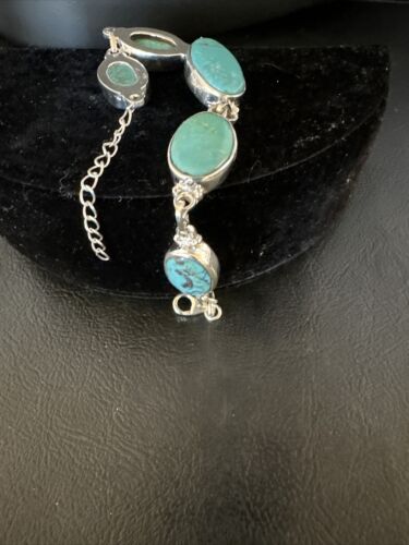 Navajo Blue Turquoise Link Bracelet | Sterling Silver | 8" | Authentic Native American Handmade | 15465
