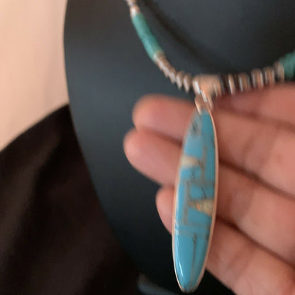 Navajo Blue Turquoise Opal Inlay Pendant Necklace | Sterling Silver | Authentic Native American Handmade | 11473