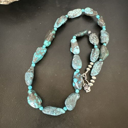 Navajo Blue Nugget Turquoise Bead Necklace | Sterling Silver Pearls | 20" | Authentic Native American Handmade | 16001