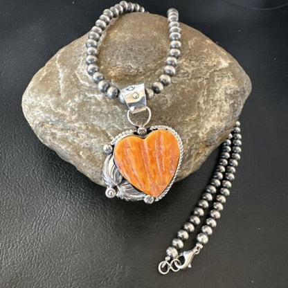 Navajo Orange Spiny Oyster Heart Pendant Necklace | Sterling Silver | Authentic Native American Handmade | 16413