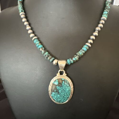 Men's Blue Spiderweb Turquoise Pendant Necklace | Navajo Sterling Silver | Authentic Native American Handmade | 17084