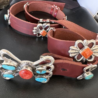 Men's Turquoise Spiny Oyster Concho Belt | Sterling Silver Navajo Tufa | Authentic Native American Handmade | 16680