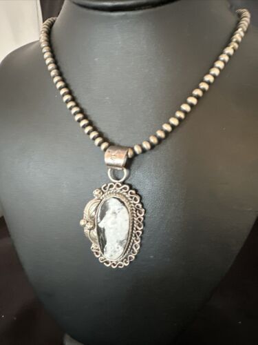 Navajo White Buffalo Turquoise Pendant Necklace | Sterling Silver | Authentic Native American Handmade | 15617