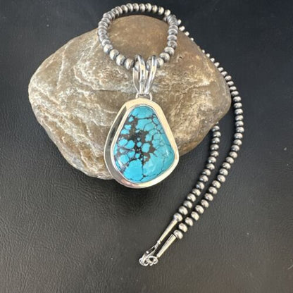 Men's Blue Spiderweb Turquoise Pendant Necklace | Navajo Sterling Silver | Authentic Native American Handmade | 14972